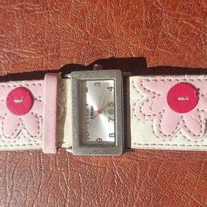 X Street Funky Ladies Quartz Watch | Rectangle Case, Pink Flower Applique Strap